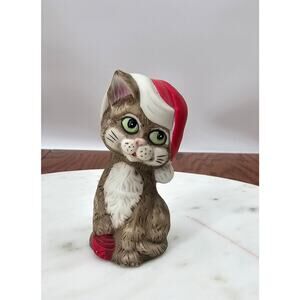 Vintage Jasco Critter Bells Tabby Cat Christmas Bell Figurine Santa Hat 1980s